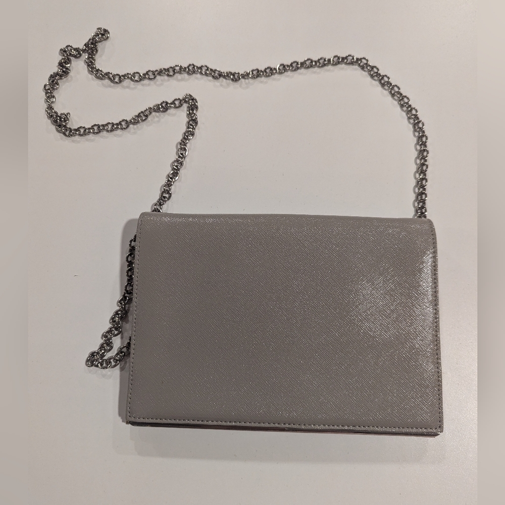 Halogen Women's Gray Opal Leather Crossbody Wallet Bag Silver Metal Chain Party